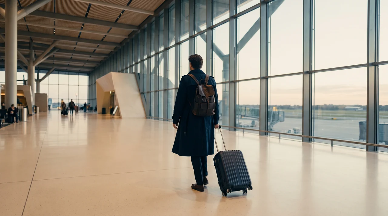 voyageur avec valise dans le hall d'un aéroport, lumière naturelle, ambiance calme