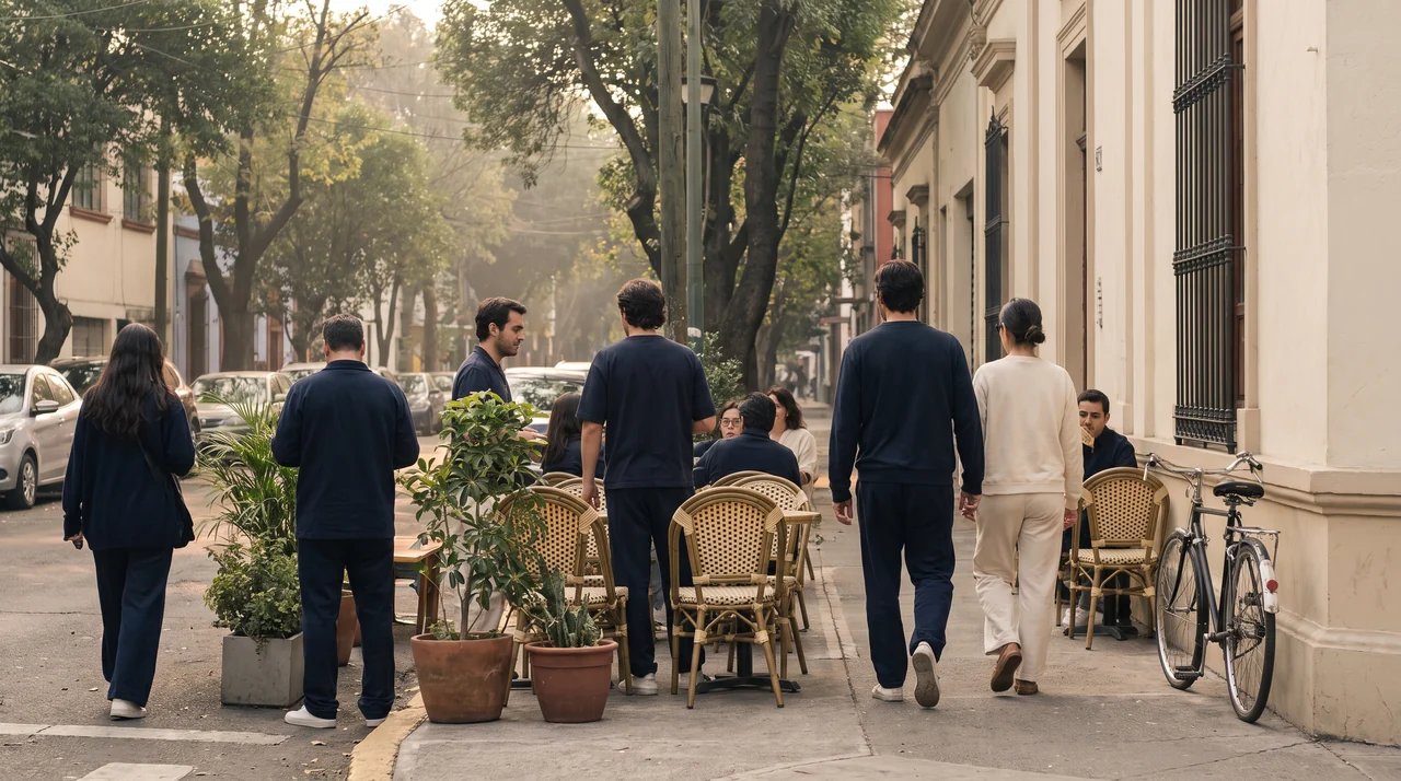 Rue calme et ombragée d'un quartier résidentiel d'Asunción, avec une terrasse de café en fin d'après-midi