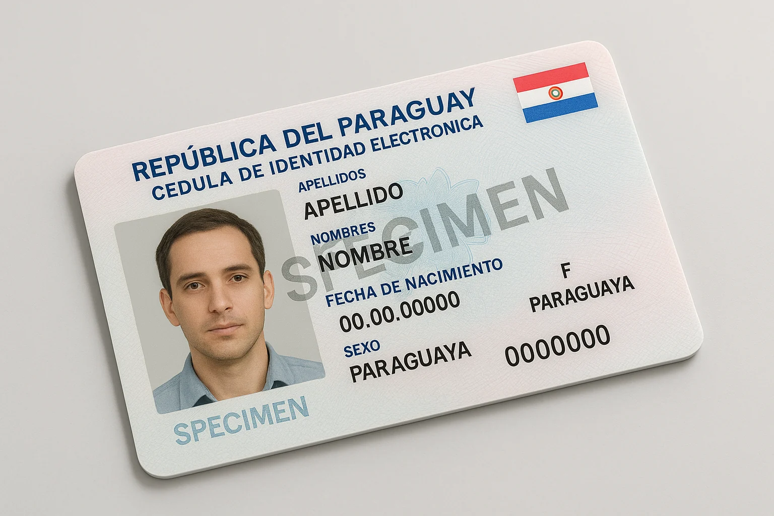 Recto de la cédula paraguayenne électronique : photo et données d'identité (specimen)