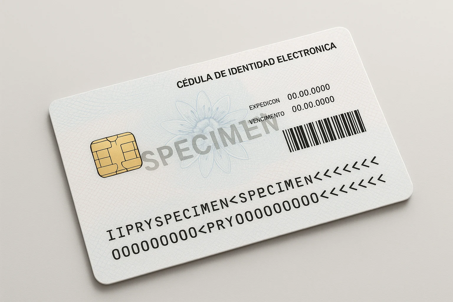 Verso de la cédula paraguayenne électronique : puce, code-barres et bande de lecture (specimen)
