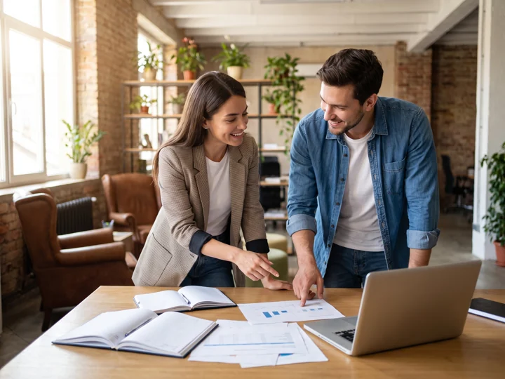 Deux entrepreneurs collaborant dans un bureau lumineux