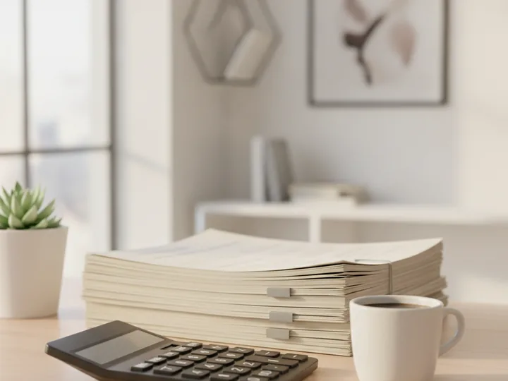 Bureau avec documents fiscaux et calculatrice